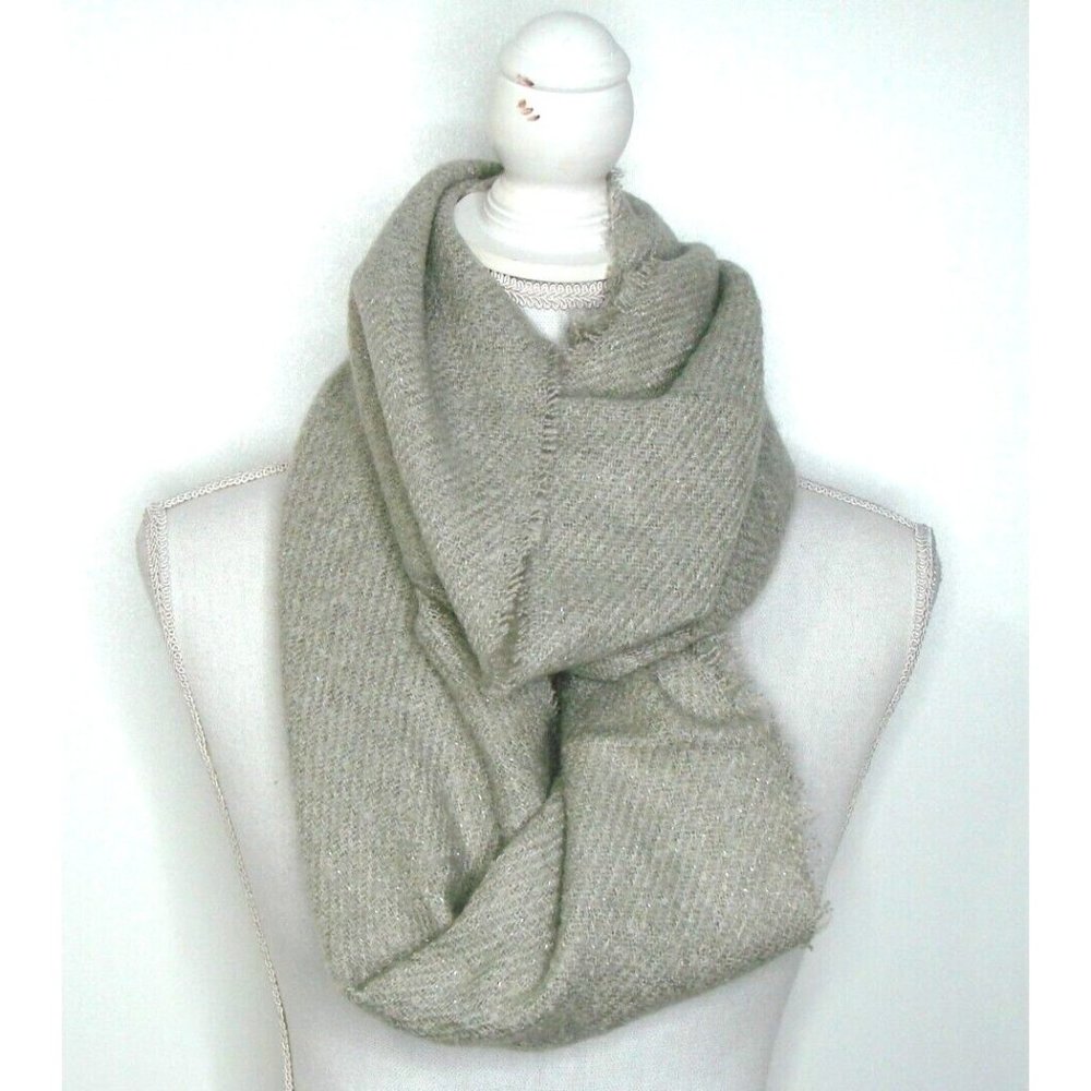 Beige Khaki Glitter 100% Acrylic Infinity Neck Scarf Fringed Raw Hem Warm Winter